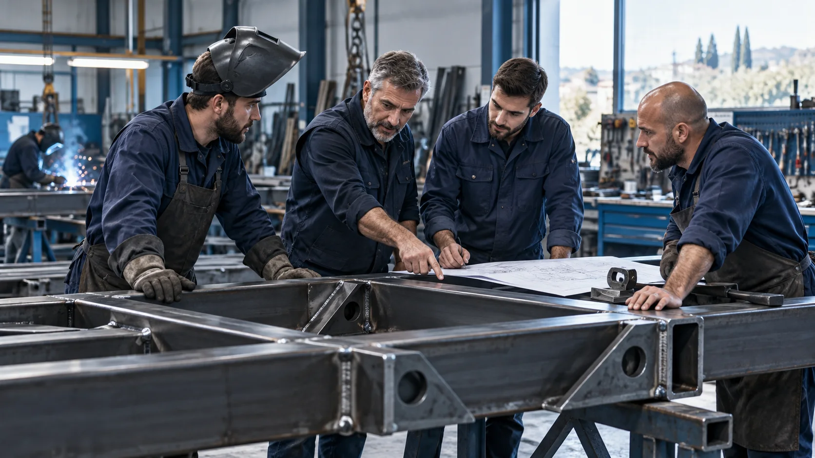 Carpentieri analizzano un disegno tecnico su una struttura in acciaio nella rete UniFaber