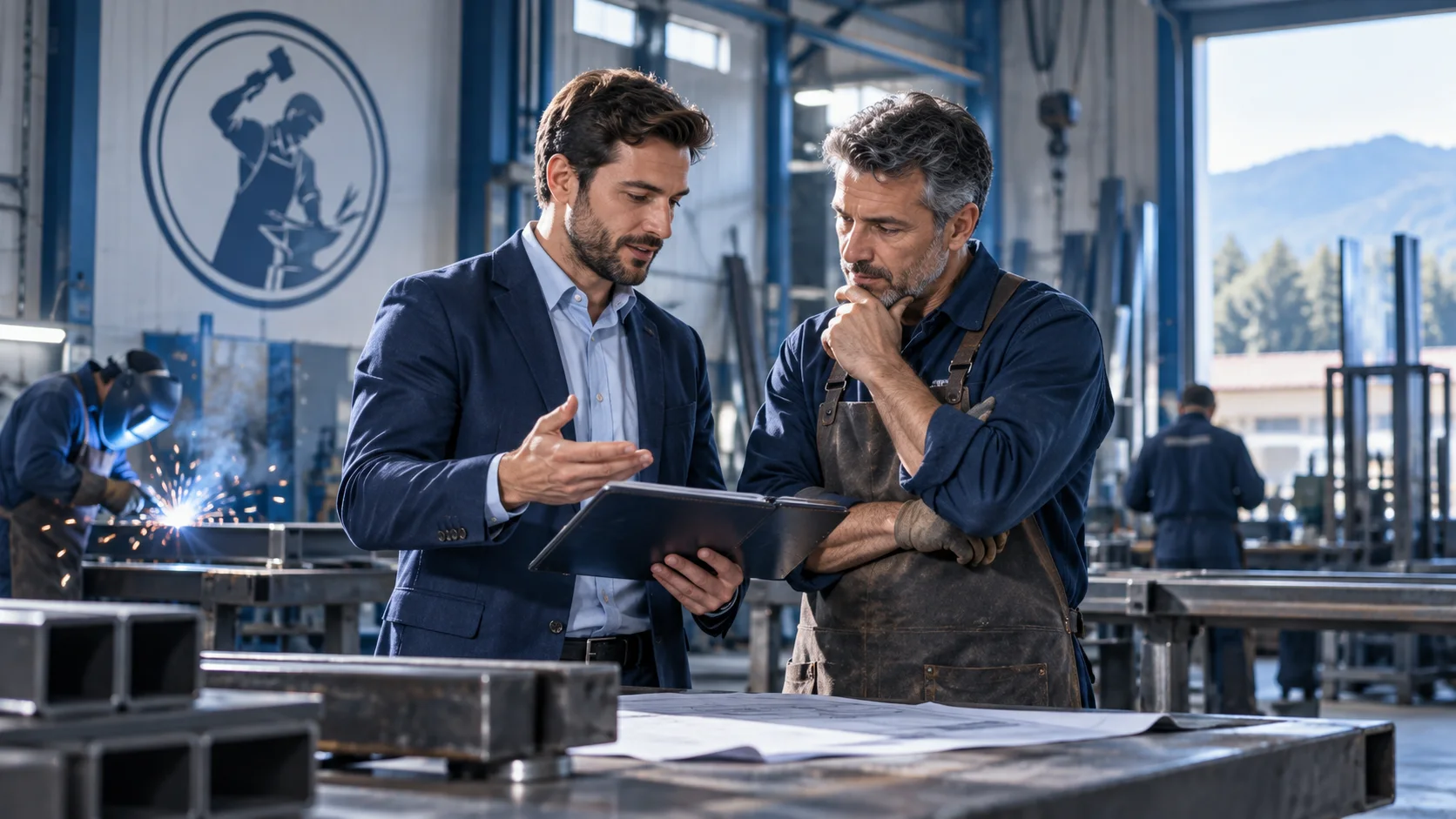 Consulente UniFaber presenta un progetto a un responsabile di carpenteria in officina