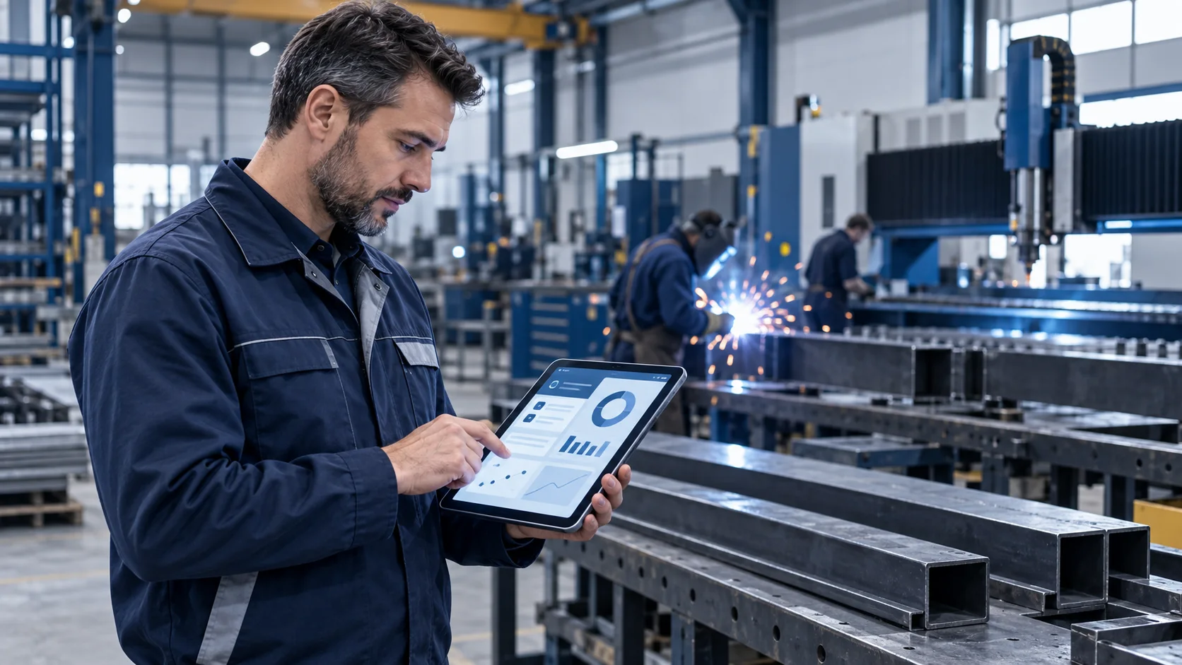 Operatore di carpenteria usa un tablet per aggiornare tracciabilità e avanzamento in officina